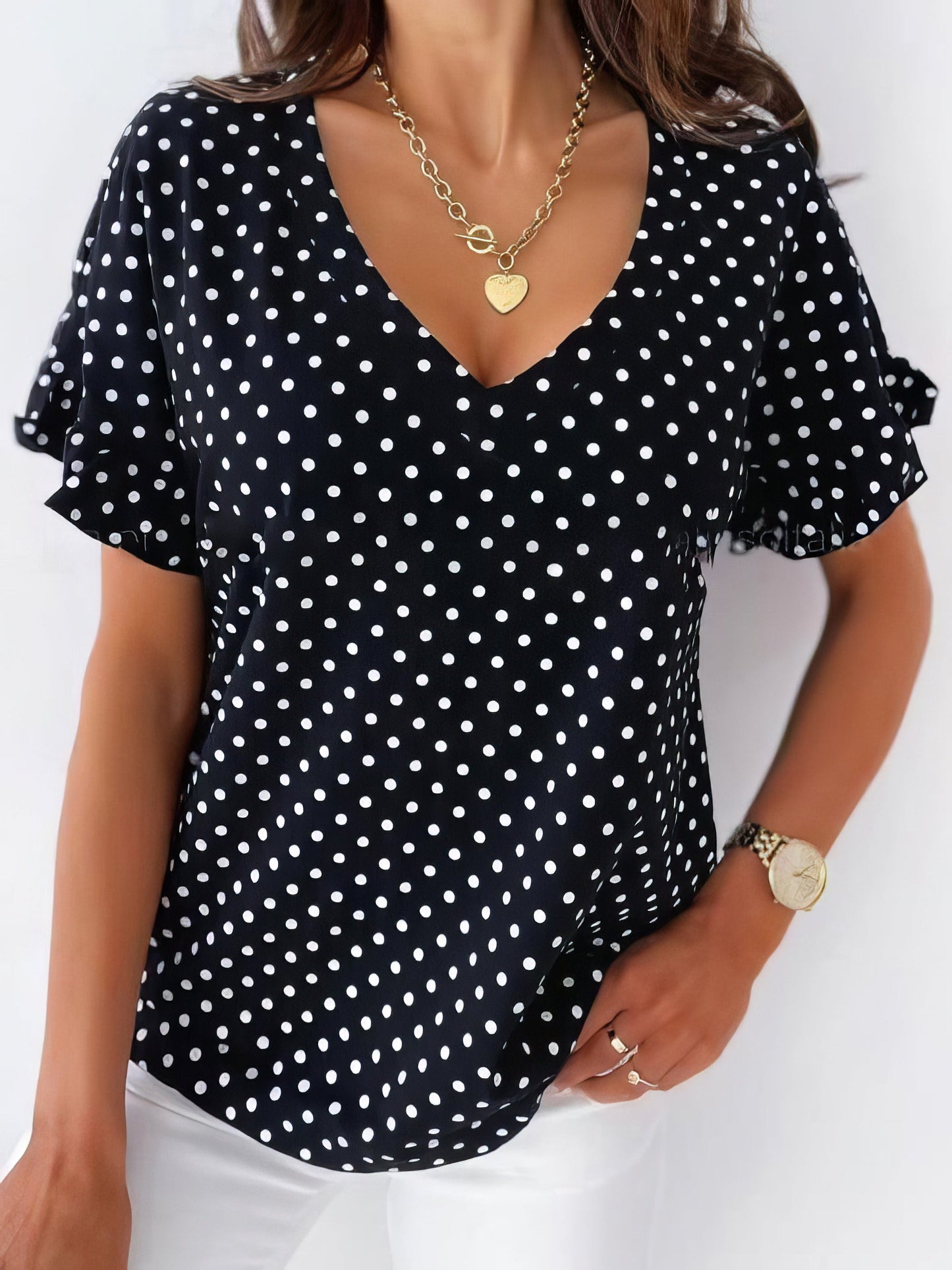 Dot Print Short Sleeve V-Neck T-Shirt - LuckyFash™