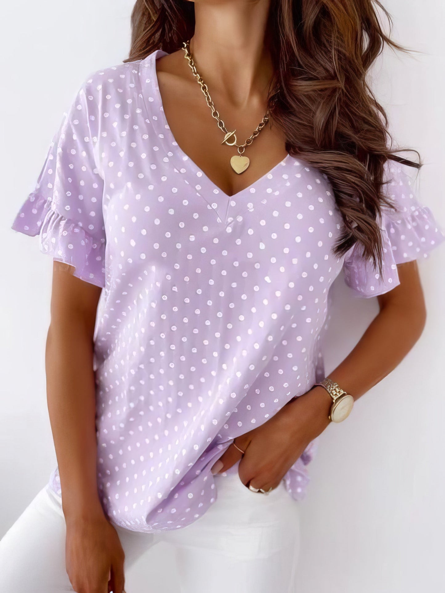 Dot Print Short Sleeve V-Neck T-Shirt - LuckyFash™