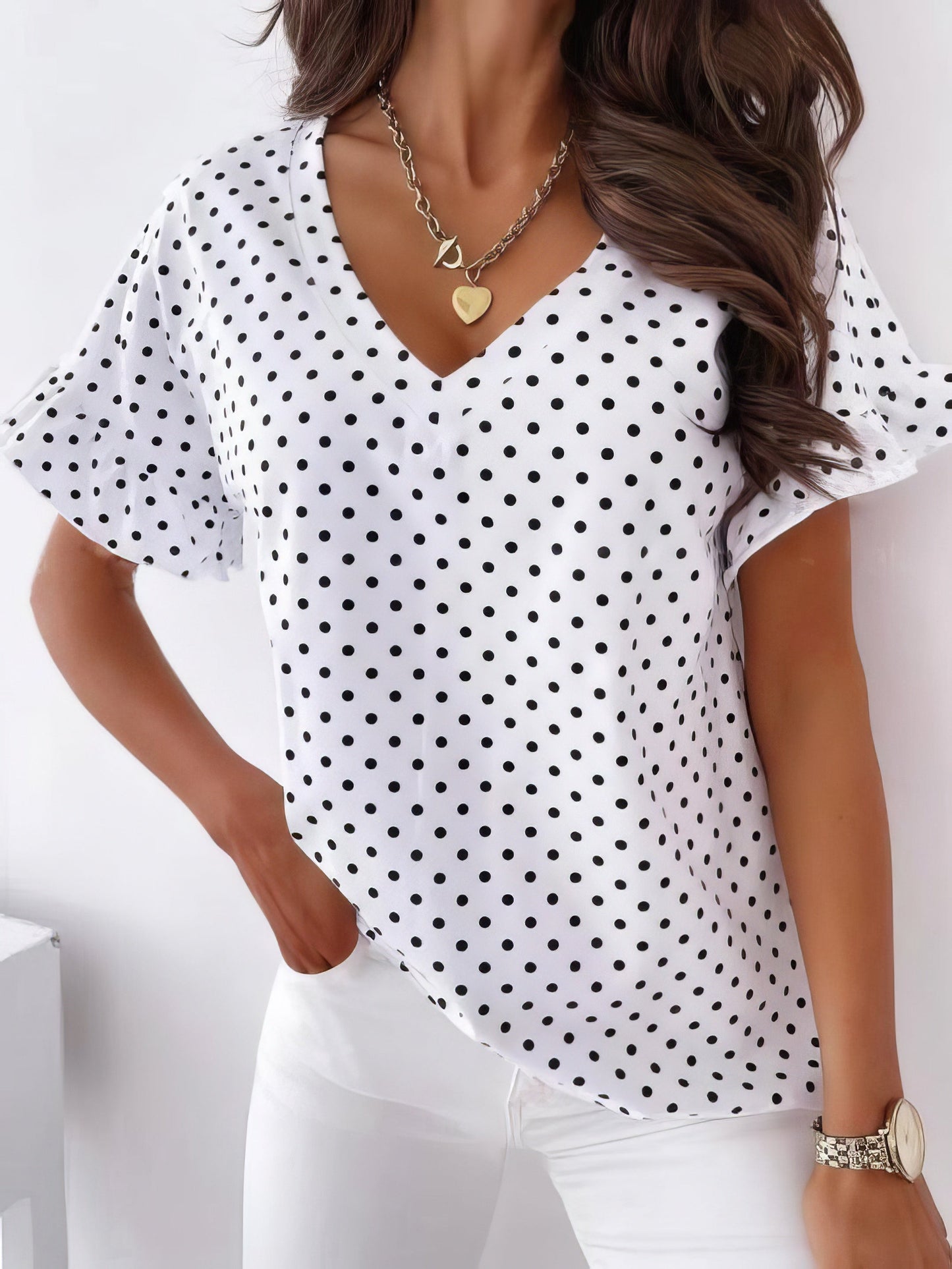 Dot Print Short Sleeve V-Neck T-Shirt - LuckyFash™