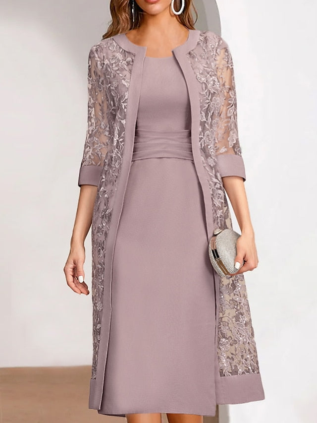 Women's Lace Dress Dress Set Two Piece Dress Midi Dress Pink Half Sleeve Pure Color Mesh Summer Spring Fall Crew Neck Fashion Office Wedding Guest 2023 S M L XL XXL 3XL - LuckyFash™