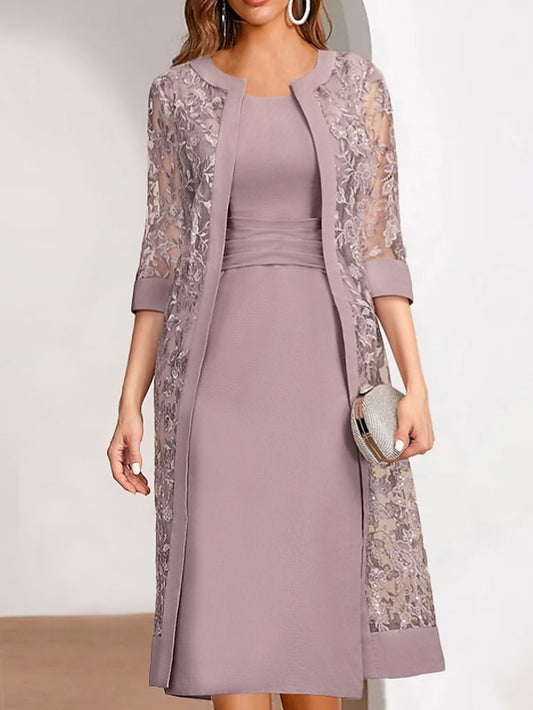 Women's Lace Dress Dress Set Two Piece Dress Midi Dress Pink Half Sleeve Pure Color Mesh Summer Spring Fall Crew Neck Fashion Office Wedding Guest 2023 S M L XL XXL 3XL - LuckyFash™