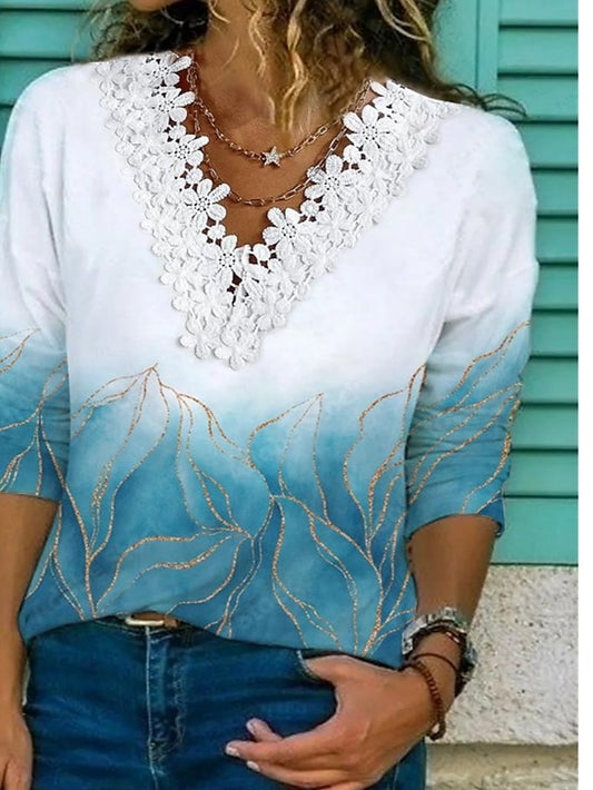 Lace V-Neck Casual Floral Loose T-Shirt for Women - LuckyFash™
