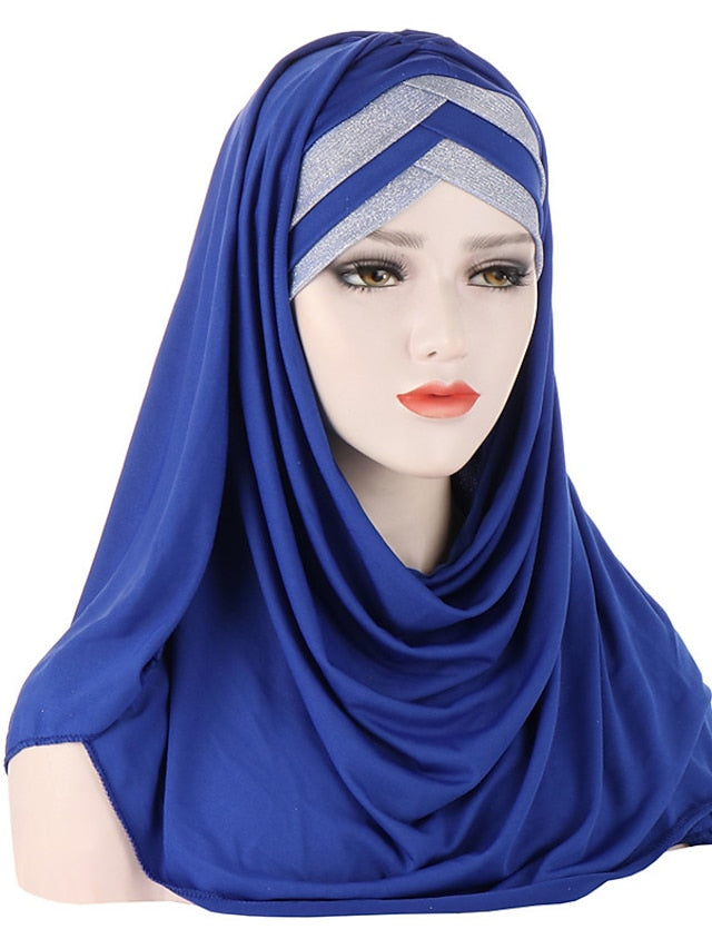 Forehead Cross Hair Wrap Scarf Solid Color Glitter Sequins Jersey Hijabs Muslim Headband Women Turban Hair Cap Headscarf - LuckyFash™