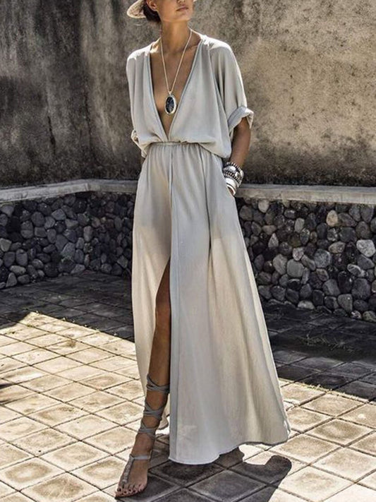 Elegant Solid Deep V Neck Split Dress - LuckyFash™