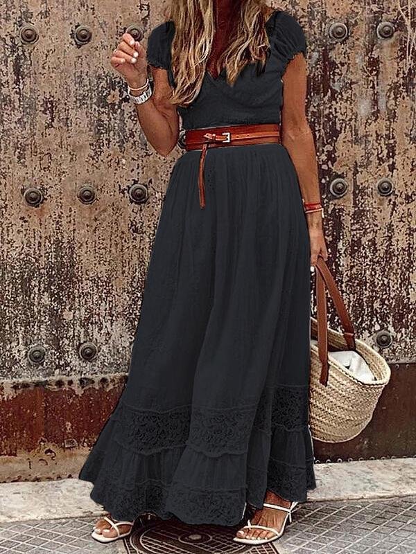 Elegant V-neck Lace Stitching Belt Long Dress - LuckyFash™