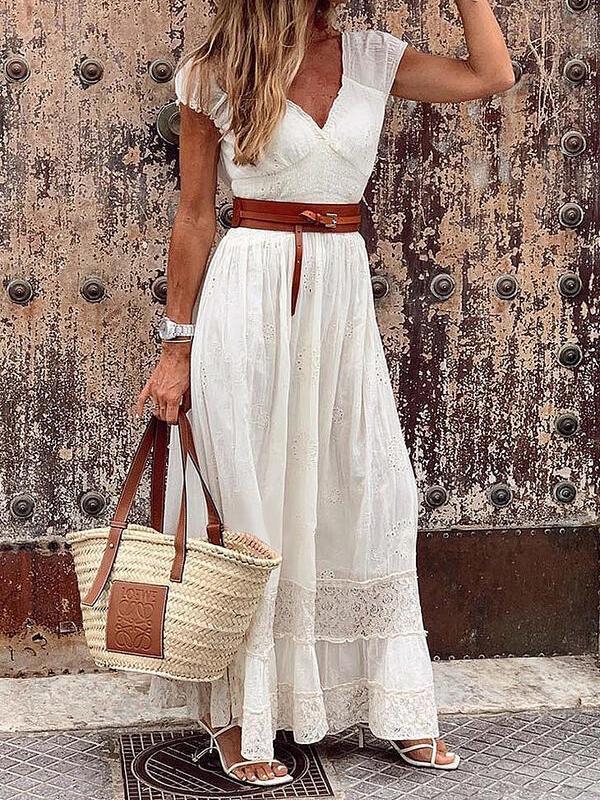 Elegant V-neck Lace Stitching Belt Long Dress - LuckyFash™