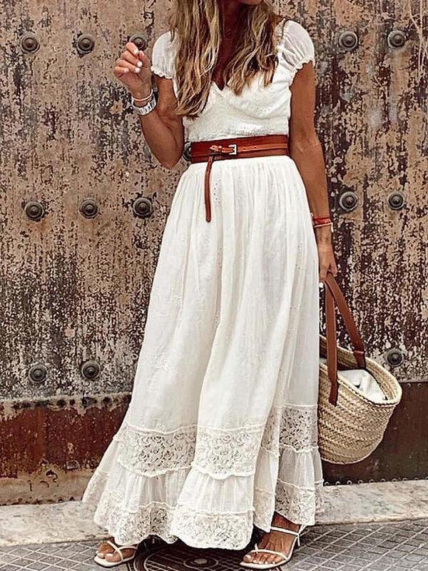 Elegant V-neck Lace Stitching Belt Long Dress - LuckyFash™
