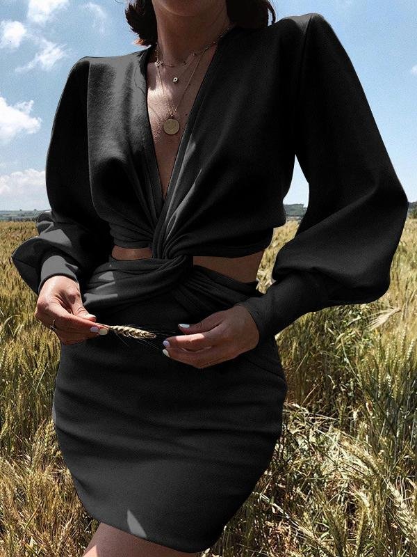 Elegant V-neck Puff Sleeve Skirt - LuckyFash™