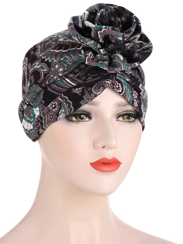 Ethnic Plaid Pattern Cashew Print Big Flower Headscarf Bonnet Women Turban Hat Turbante Femme Musulman India Hat Islamic Head Wrap Turban for Women - LuckyFash™