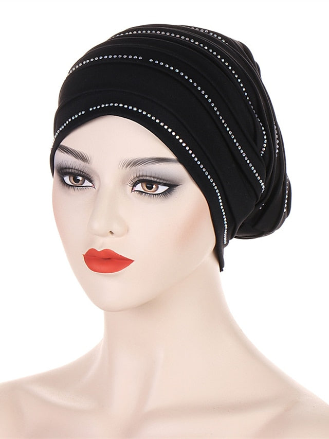 Rhinestones Women's Pleated Turban Cap African Hat Muslim Headscarf Bonnet Ladies Head Wraps - LuckyFash™
