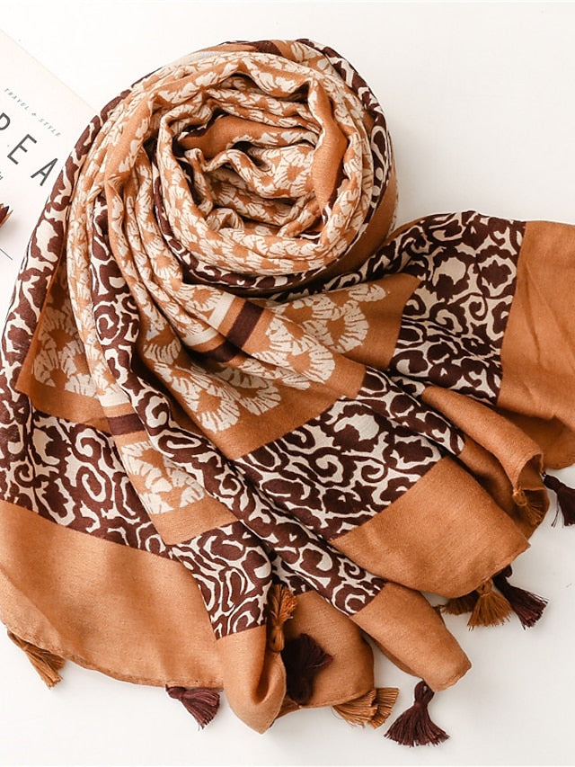 Fashion Women Scarf Print Hijab Flower Tassel Shawls and Wraps Long Style Female Boho Bandana for Women - LuckyFash™
