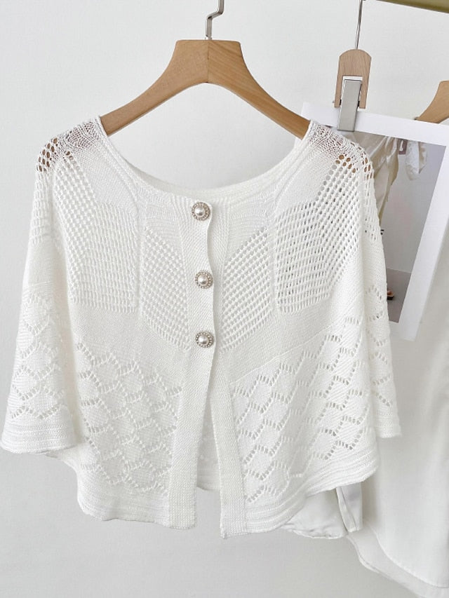 Solid Color Knitted Hollow Shawl Women's Summer Air-conditioned Elegant Vest with Pearl Button Womens Cape Sunscreen Fake Collar - LuckyFash™