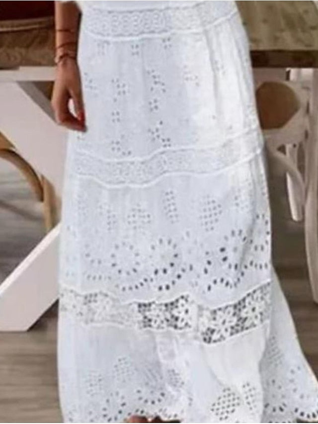 Women's Lace Dress Swing Dress Boho Dress Eyelet Spring Dress Summer Dress Long Maxi Dress White 3/4 Length Sleeve Pure Color Hollow Out V Neck Fashion Wedding Guest 2023 S M L XL XXL - LuckyFash™