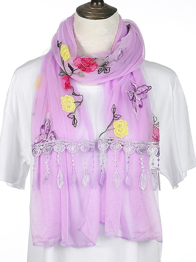 Spring Summer Embroidery Solid Colors Thin Style Hijab Gauze Scarf Women Butterfly Tassel Scarves Daily Dress - LuckyFash™