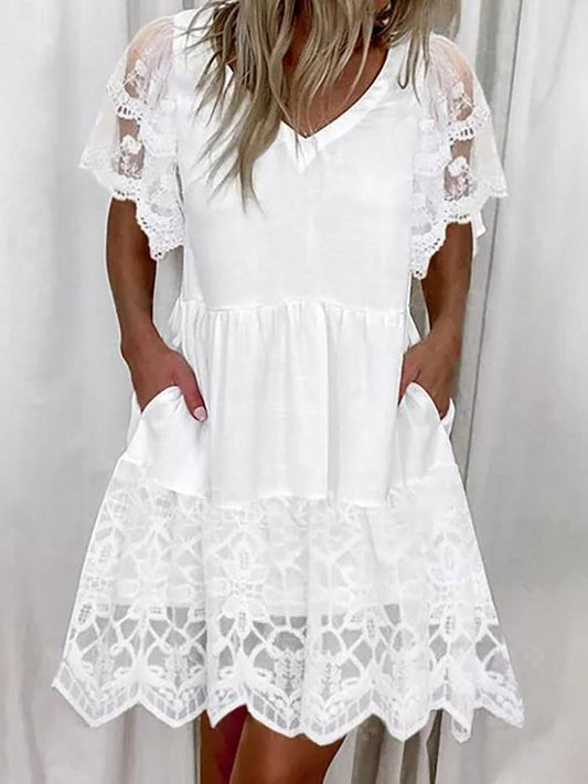 Fashion Lace Short Sleeve Pocket Dress - LuckyFash™