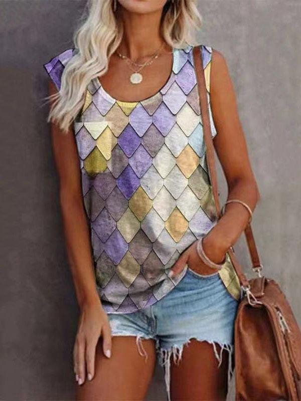 Fashion Rhombus Print Round Neck Sleeveless Top - LuckyFash™