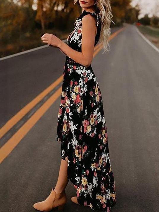 Fashion Sleeveless Floral Print Irregular Dress - LuckyFash™