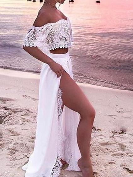 Fashion Solid Color Off Shoulder Lace Crop Top & Skirt Set - LuckyFash™