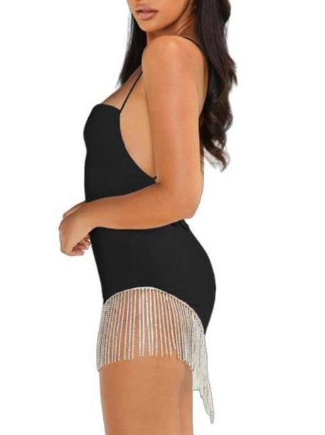 Fashion Solid Sling Split Hem Diamond Tassel Mini Dress - LuckyFash™