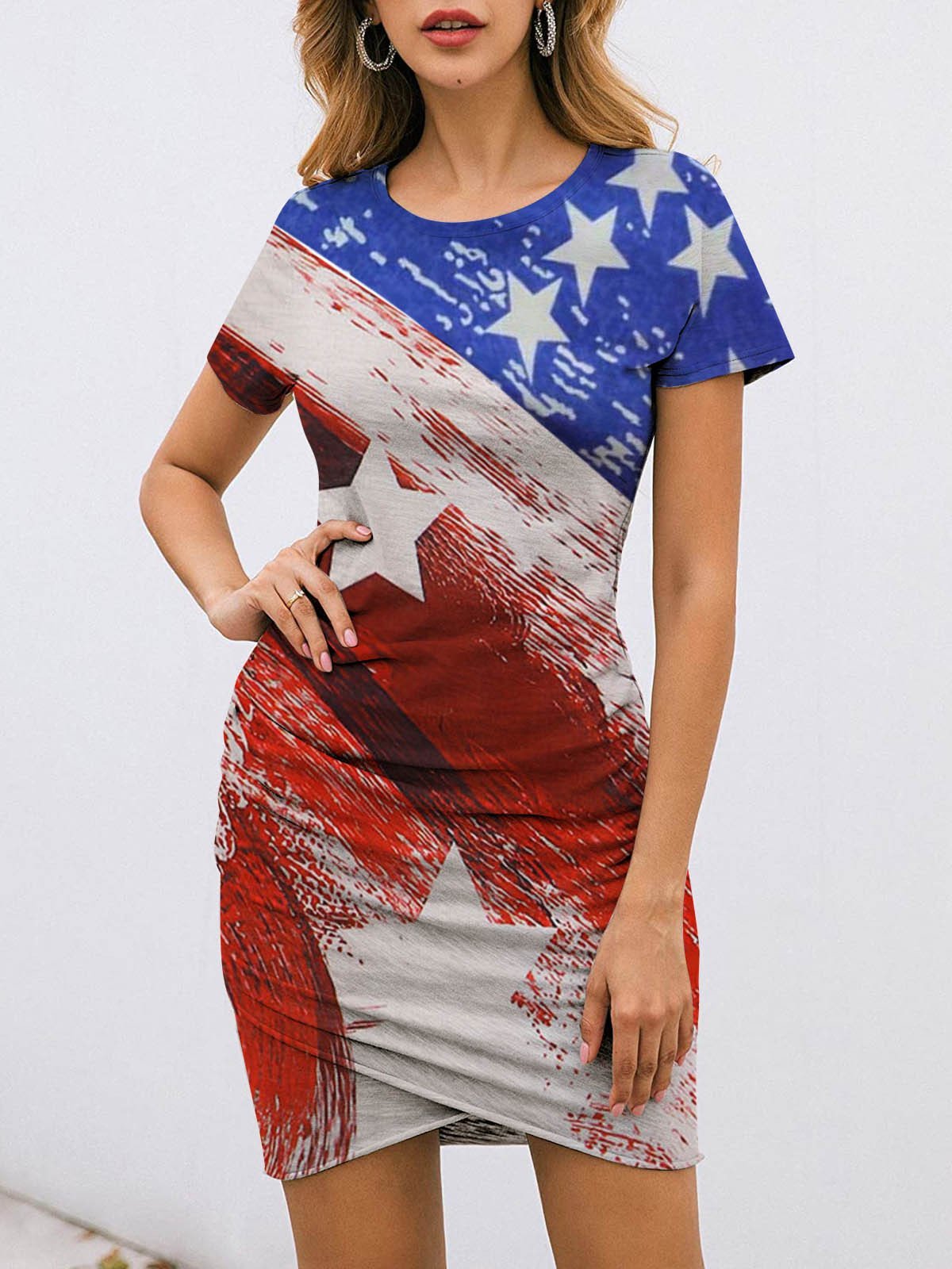 Fashion Star Print Short Sleeve Striped Skirt - LuckyFash™