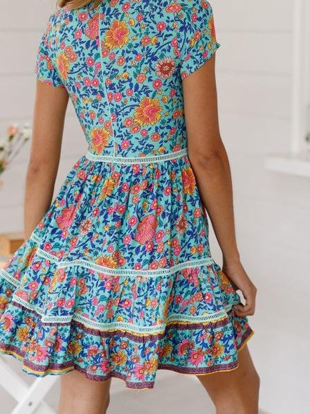 Fashion V-neck Cutout Short Sleeve Bohemian Print Dress - LuckyFash™