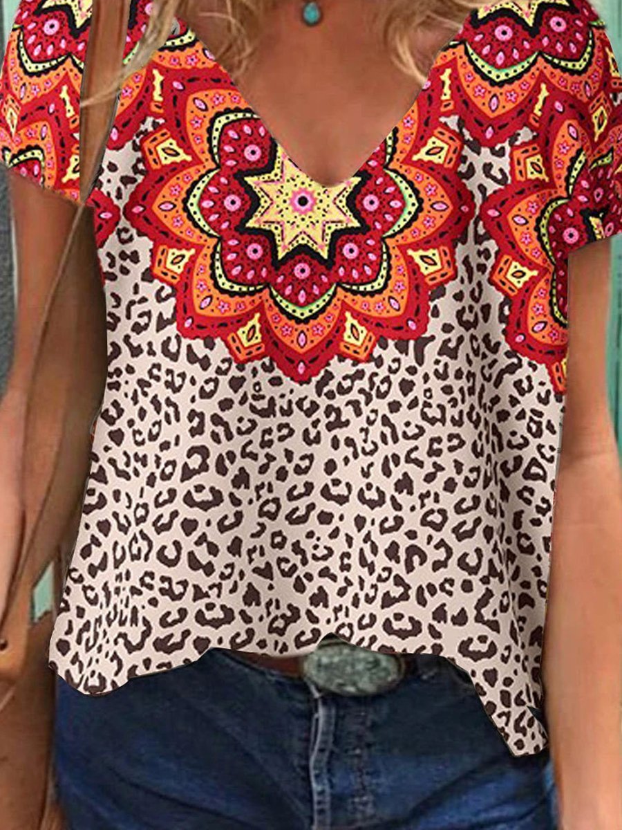 Fashion V-neck Leopard Floral Print Short Sleeve T-shirt - LuckyFash™
