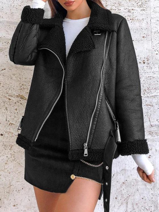 Faux Leather Zippered Pockets Faux Shearling Coat - LuckyFash™