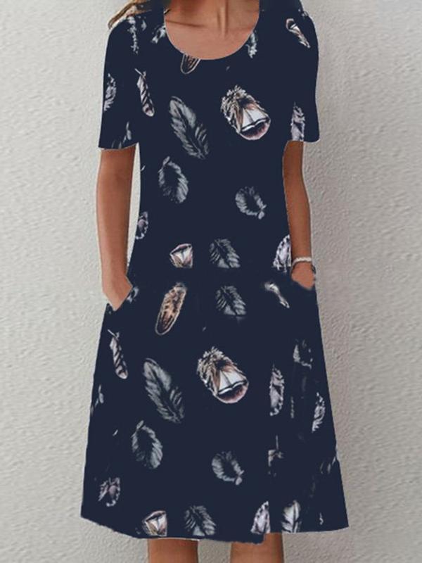 Feather Print Casual Round Neck Short Sleeve Pocket Dress - LuckyFash™