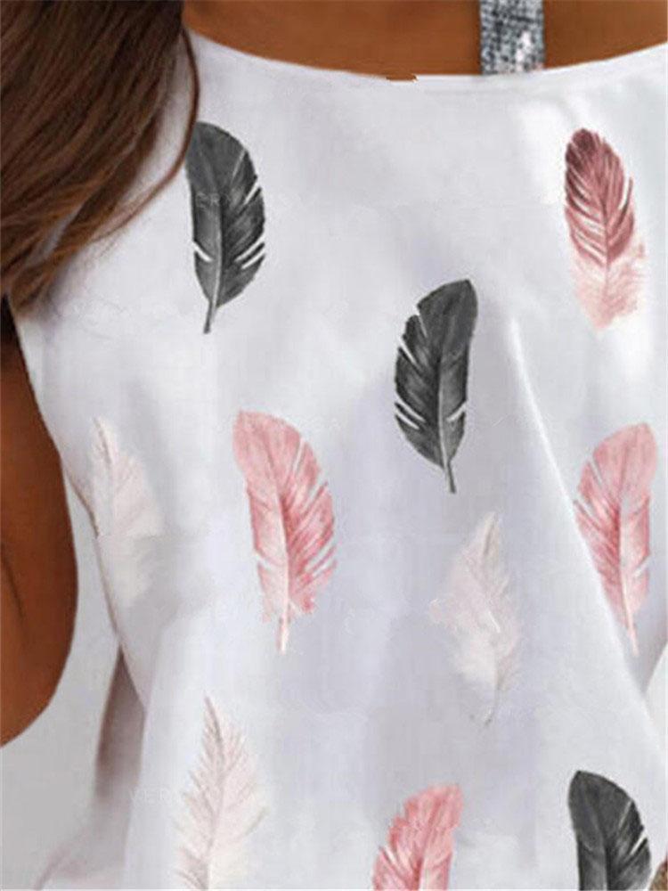 Feather Print Off Shoulder Short Sleeve Casual T-shirts - LuckyFash™