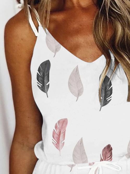 Feather Print V-neck Suspender Dress - LuckyFash™