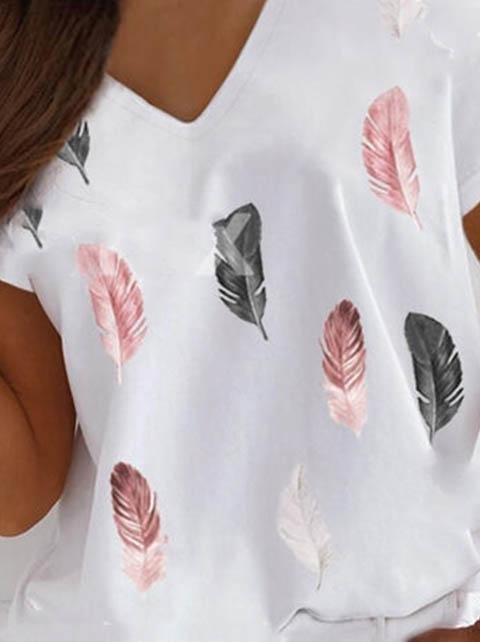 Feather Print V-neck T-shirt - LuckyFash™