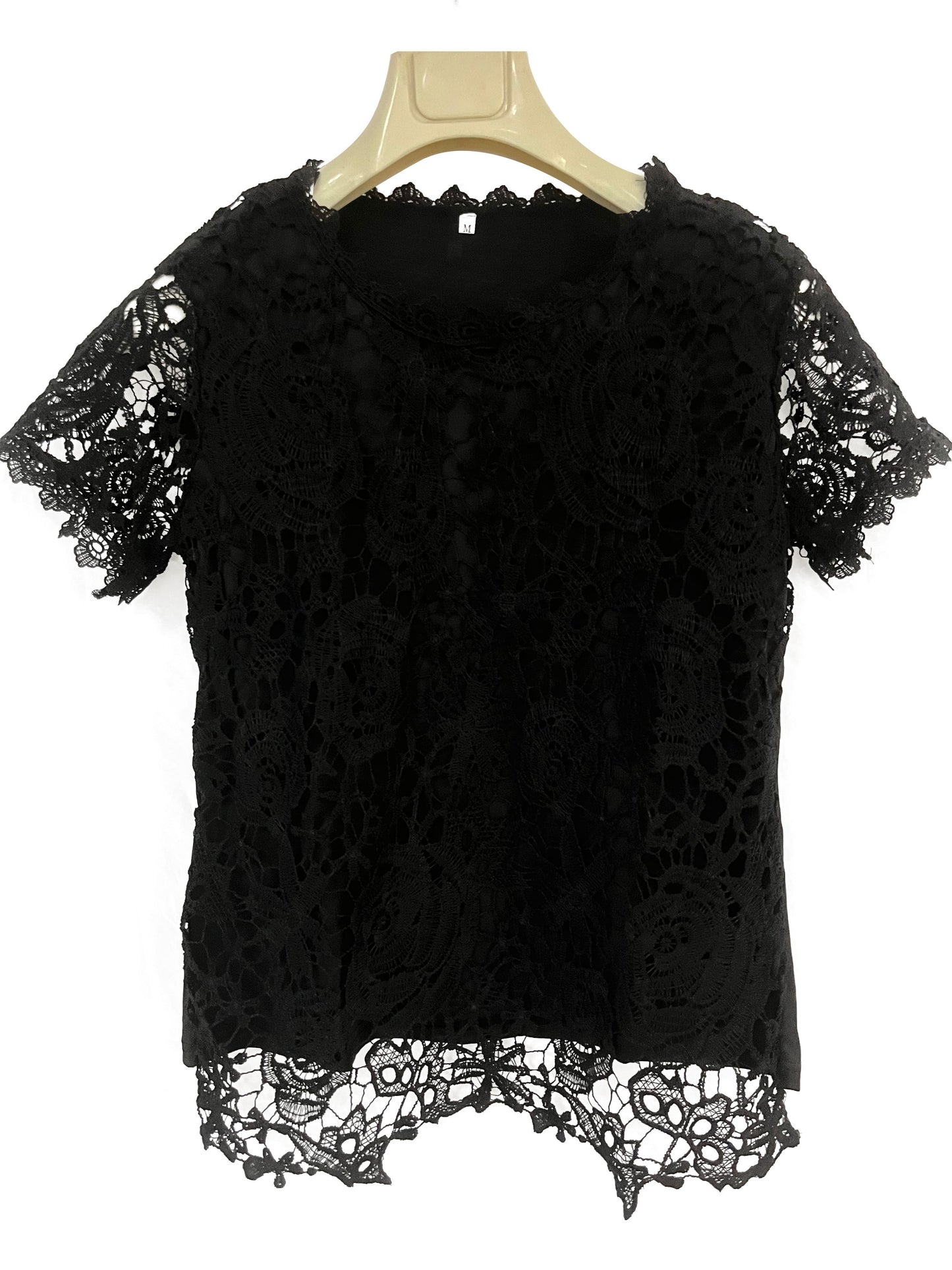 Lace Crew Neck T-Shirt, Elegant Short Sleeve T-Shirt For Spring & Summer, Women's Clothing
