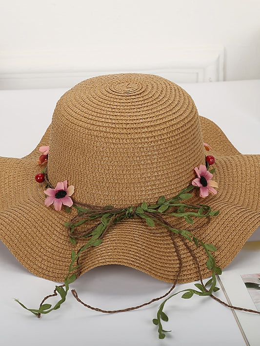 Women's Hat Straw Hat Sun Hat White Blue Khaki Lawn Festival Bow Print Flower Portable Windproof Breathable - LuckyFash™