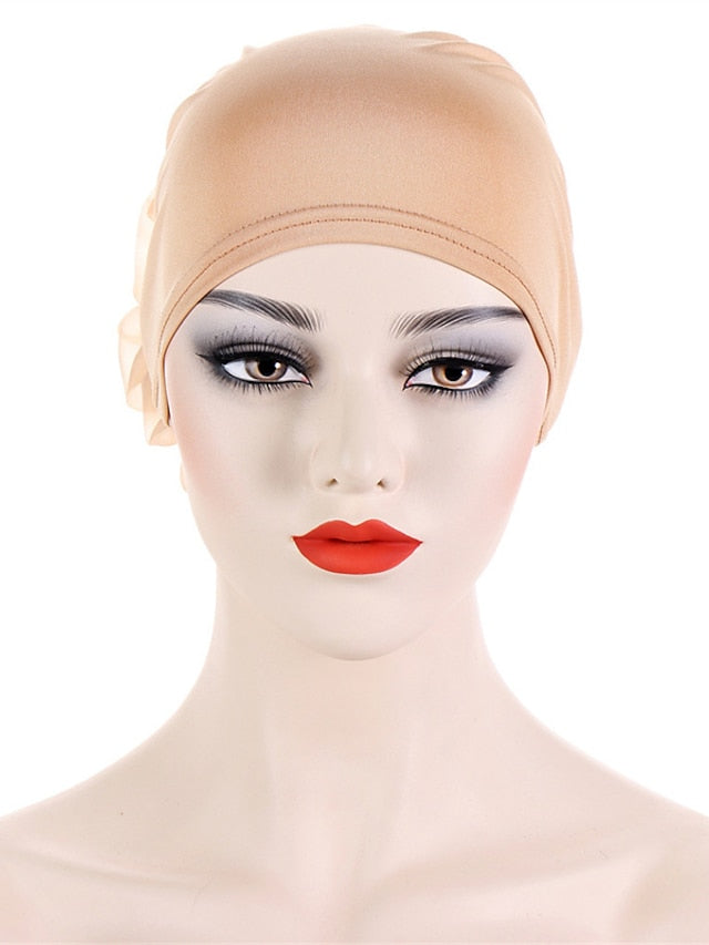 Women Solid Color Back Big Flower New Turban Muslim Hijab Caps Satin Flowers Arab Wrap Inner Hijabs Bonnet Hat Headdress - LuckyFash™