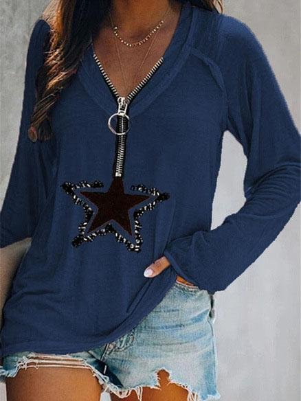 Five-pointed Star Zipper V-neck Long-sleeved T-shirt - LuckyFash™