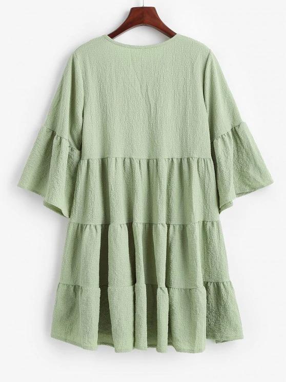 Flare Sleeve Seersucker Tiered Smock Dress - LuckyFash™