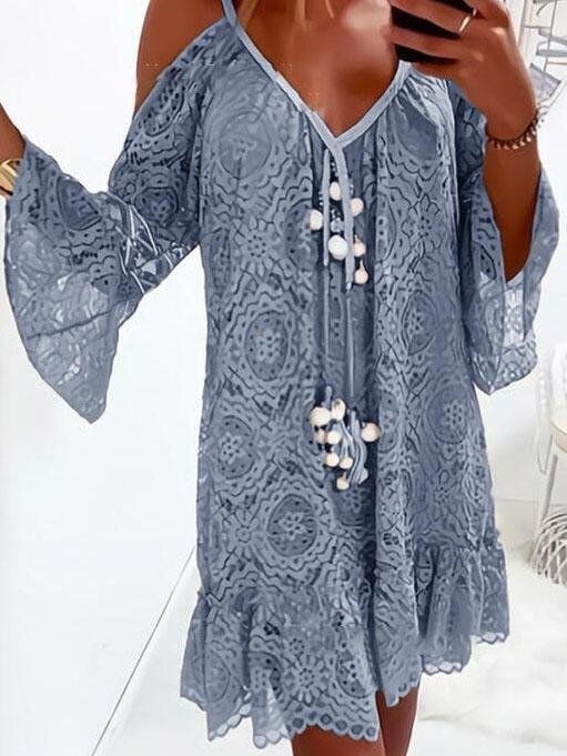 Flared Sleeve V-neck Casual Lace Dress - LuckyFash™