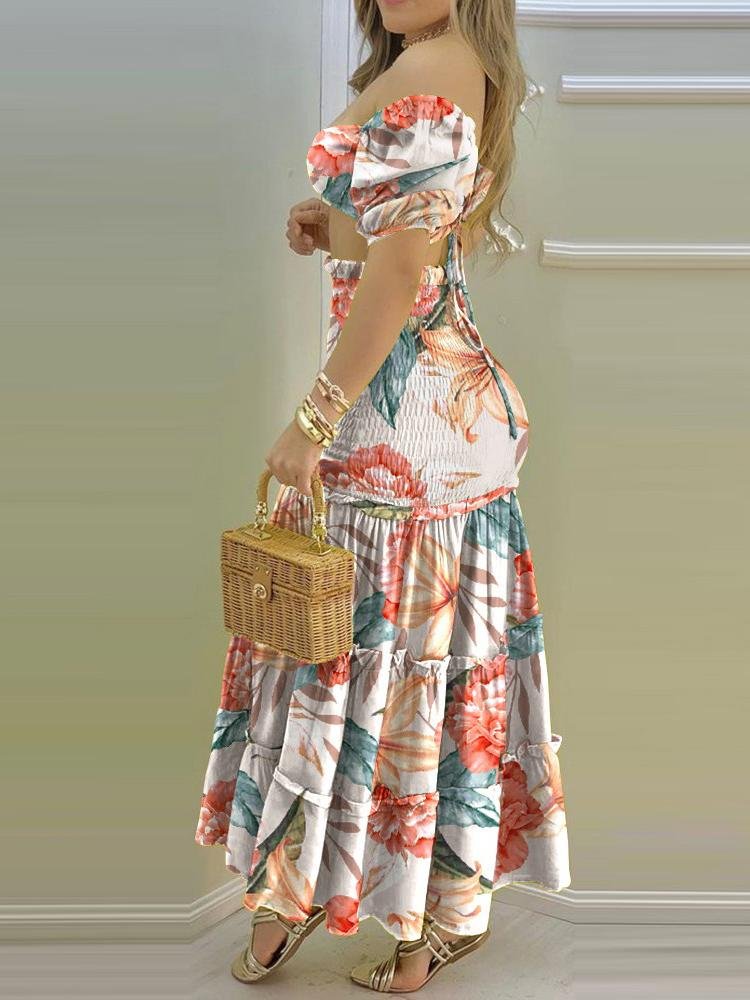 Floral Print Crop Top & Frill Hem Shirred Slit Maxi Skirt Set - LuckyFash™