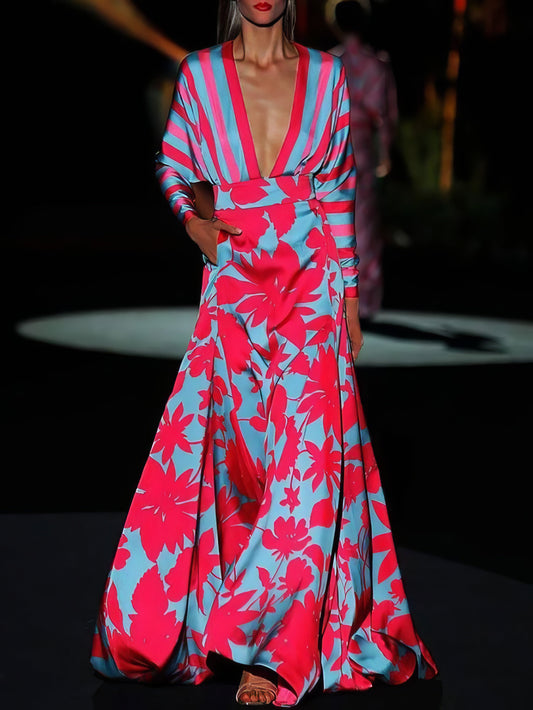 Floral Print Deep V-neck Long Sleeve Mopping Dress - LuckyFash™