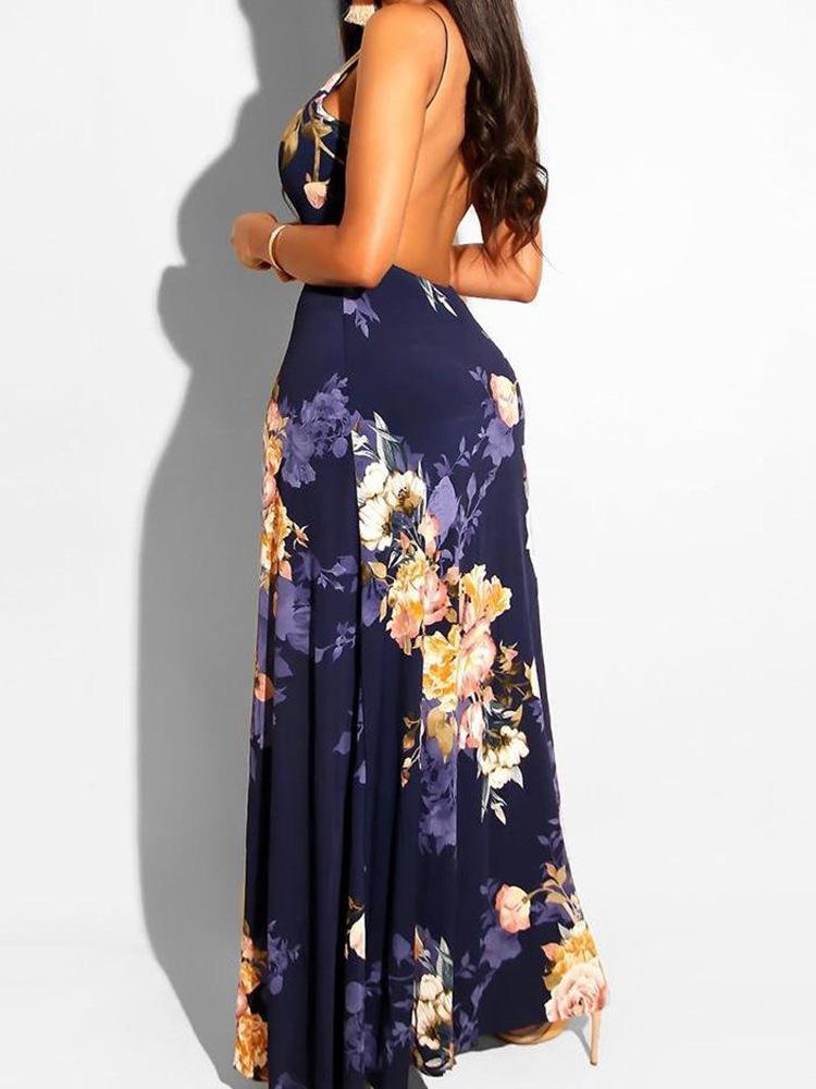 Floral Print Deep V-neck Romper Maxi Dress - LuckyFash™