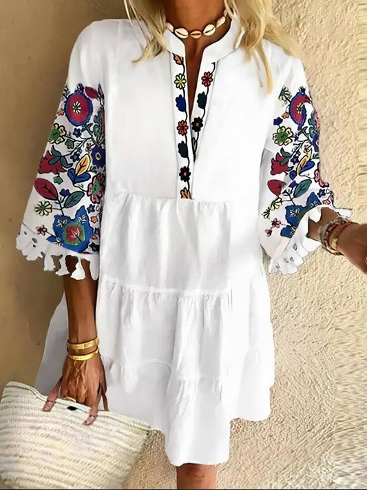 Floral Print Fringed V-neck Mini Dress - LuckyFash™