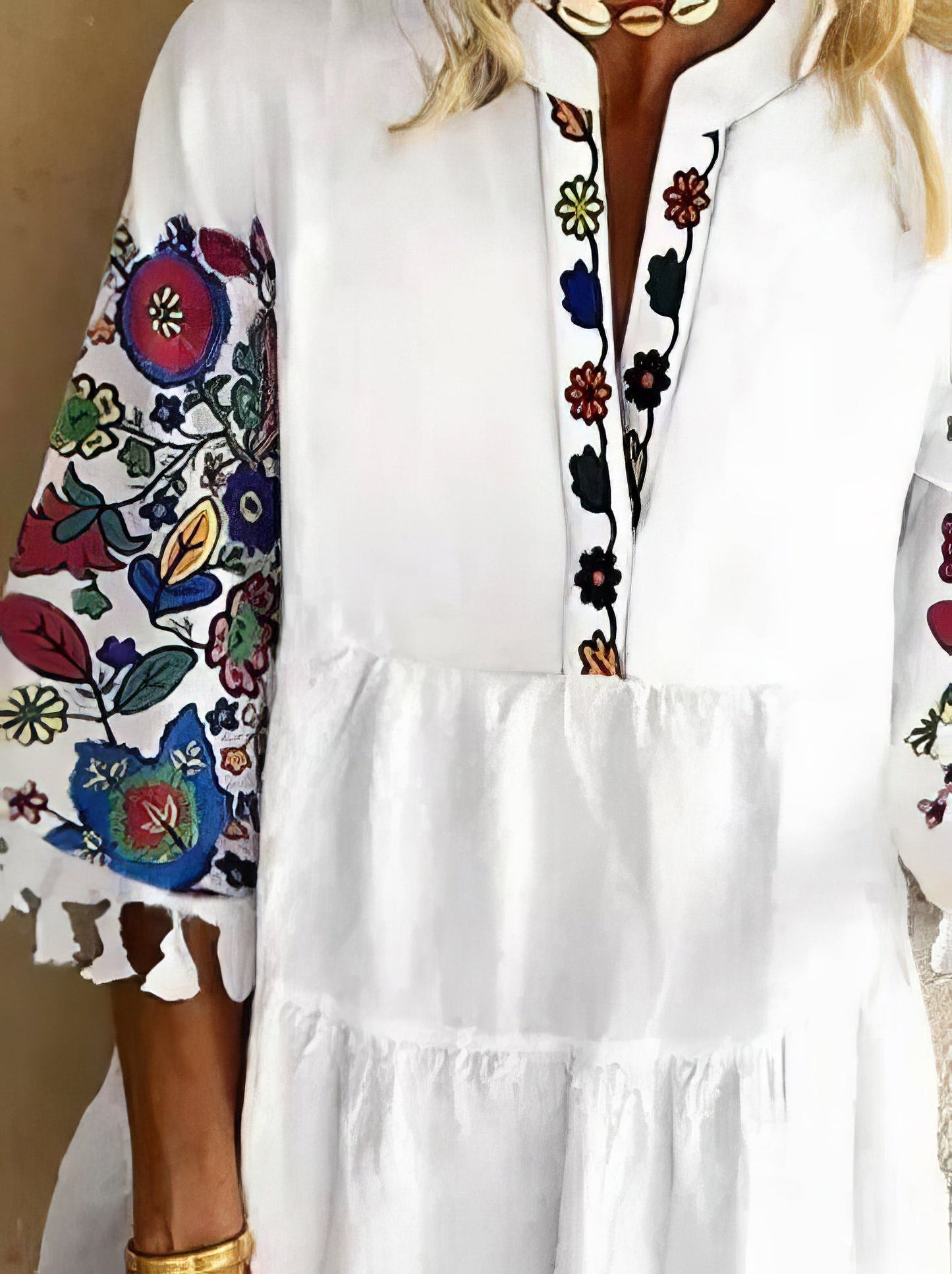 Floral Print Fringed V-neck Mini Dress - LuckyFash™