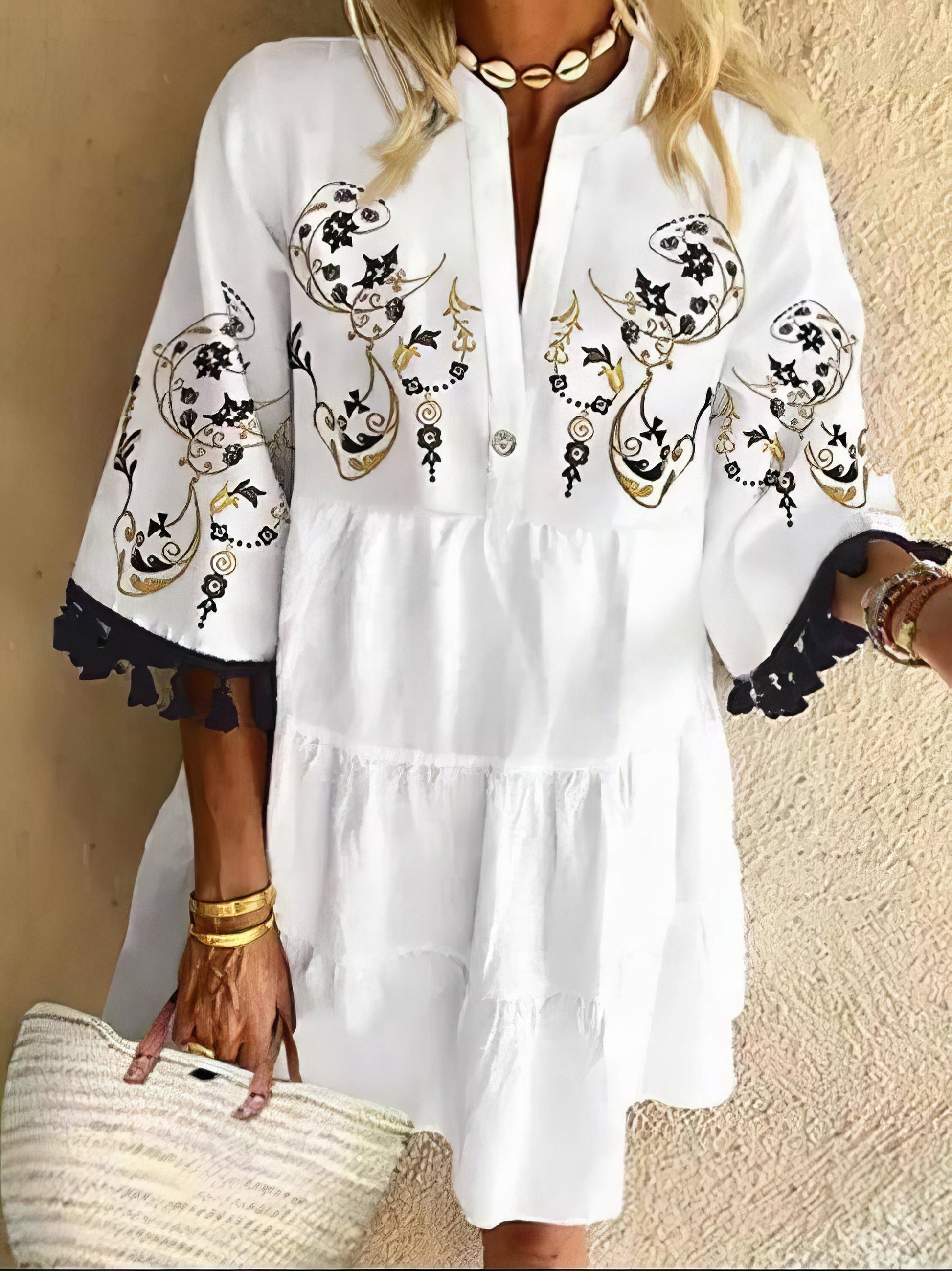 Floral Print Fringed V-neck Mini Dress - LuckyFash™