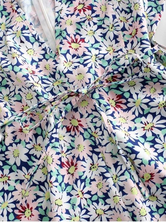 Floral Print Plunge Neck Belted Romper - LuckyFash™
