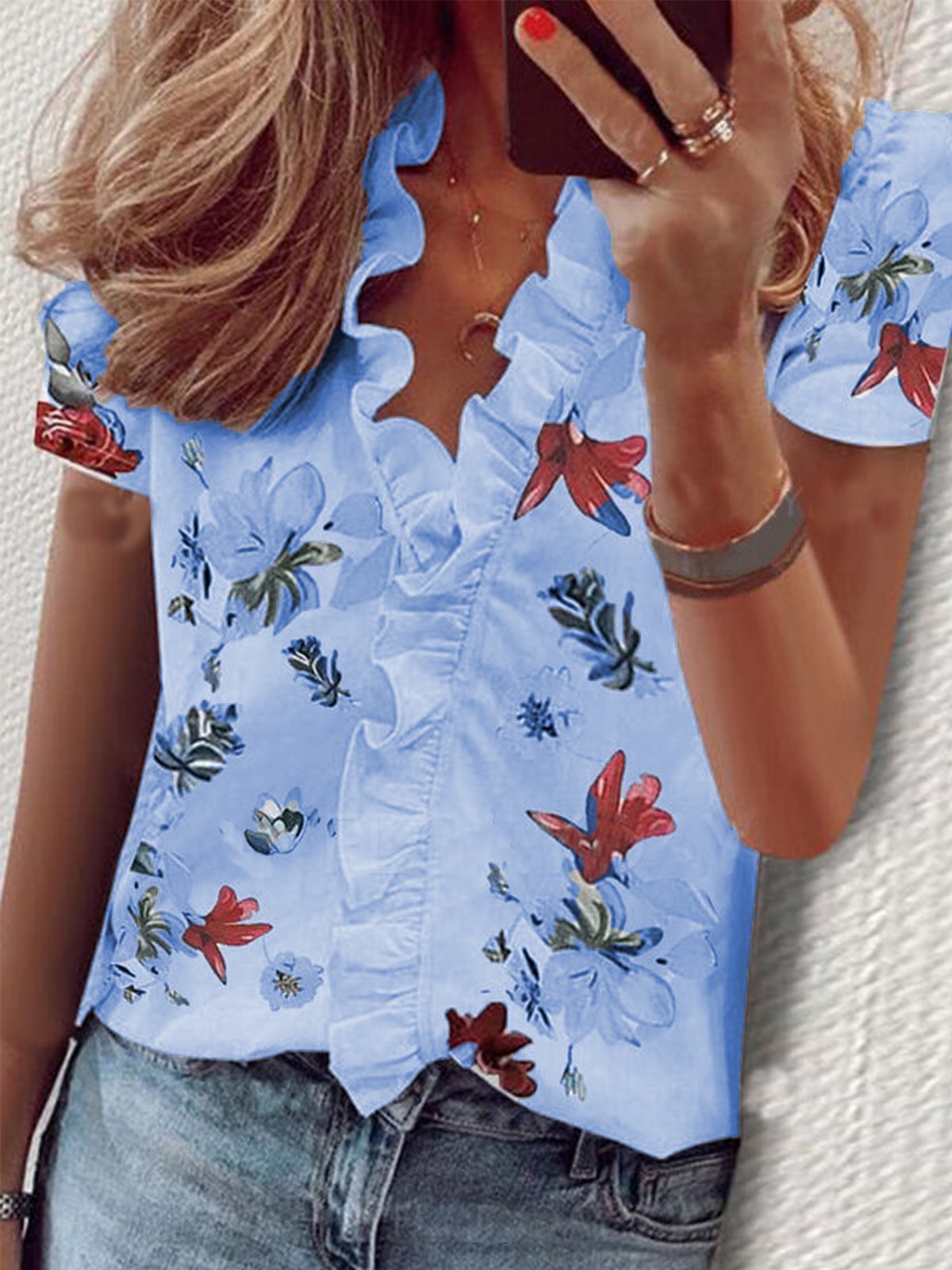 Floral Print Ruffle Short Sleeve Blouses - LuckyFash™