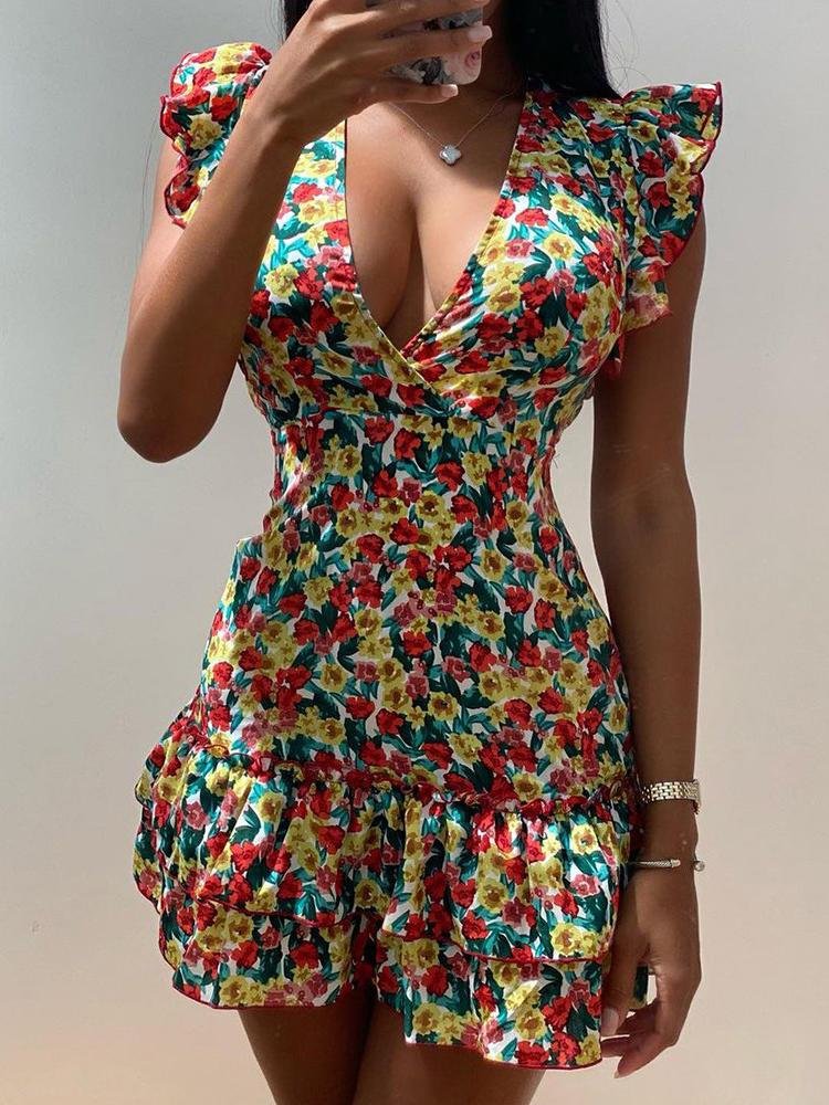 Floral Print Ruffles Trim Flutter Sleeve Casual Dress - LuckyFash™