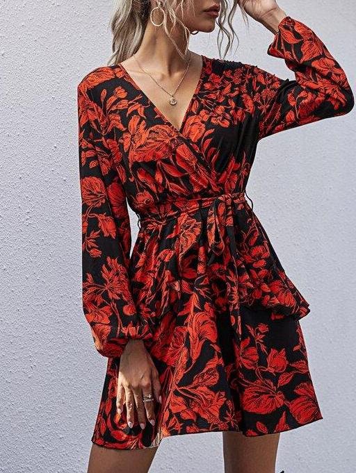 Floral Print Surplice Neck Ruffle Hem Belted Dress - LuckyFash™