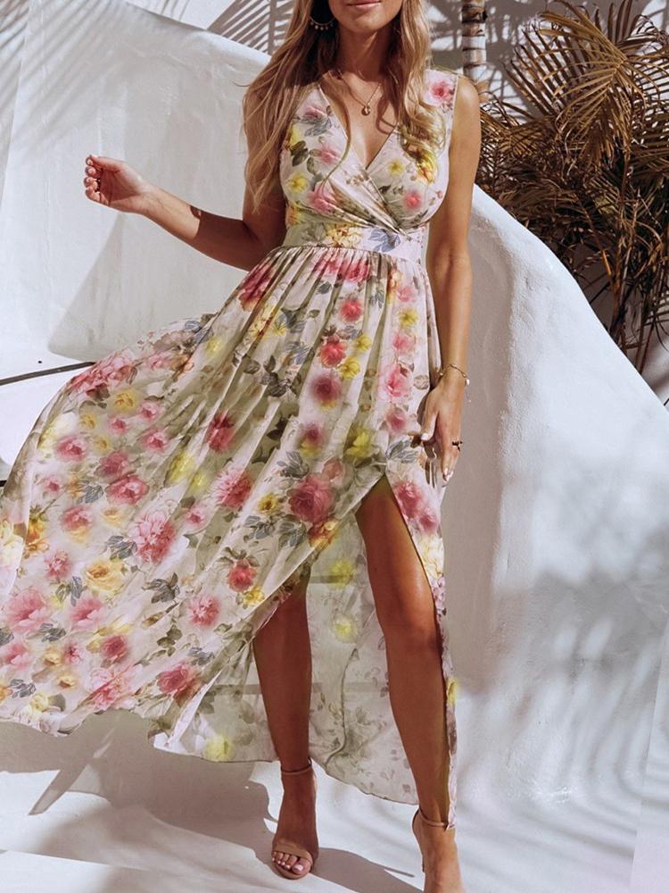 Floral Print V Neck High Slit Maxi Beach Dress - LuckyFash™