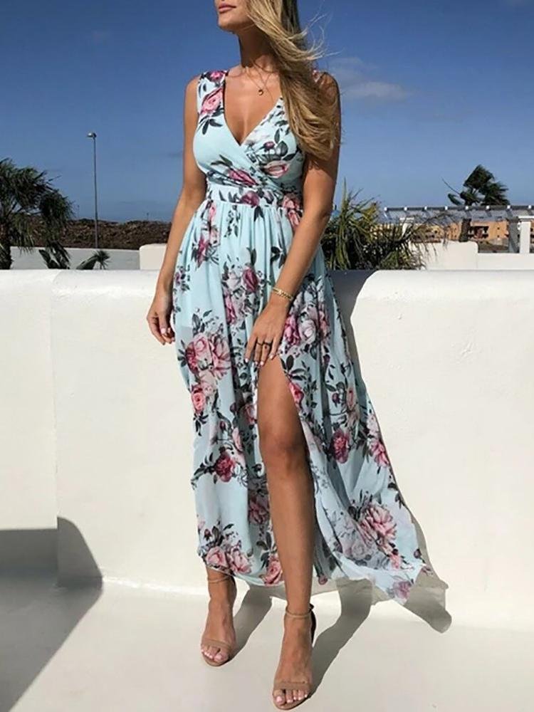 Floral Print V Neck High Slit Maxi Beach Dress - LuckyFash™