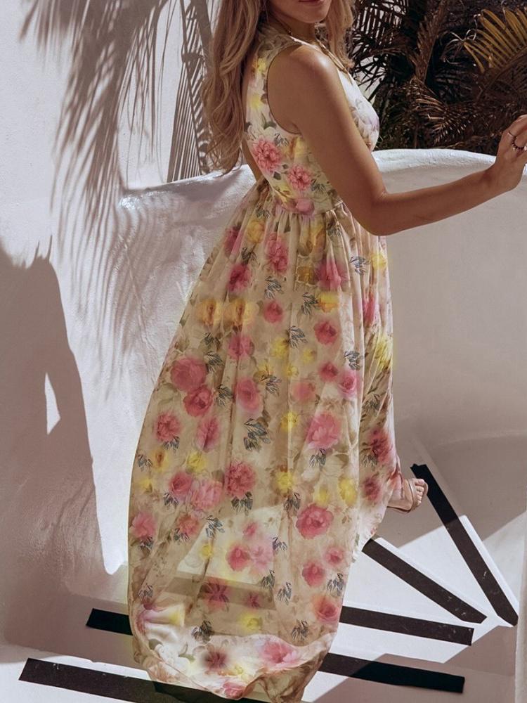 Floral Print V Neck High Slit Maxi Beach Dress - LuckyFash™
